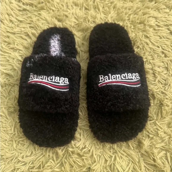 Black Balenciaga Fur Slides